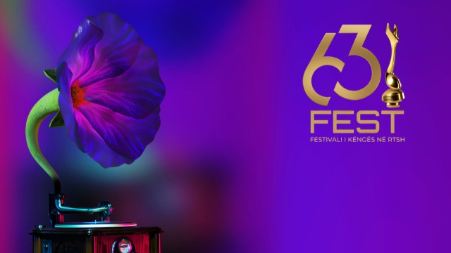 The artwork for Festivali i Këngës 63 with an old style gramophone in the shape of a flower on a purple background.
