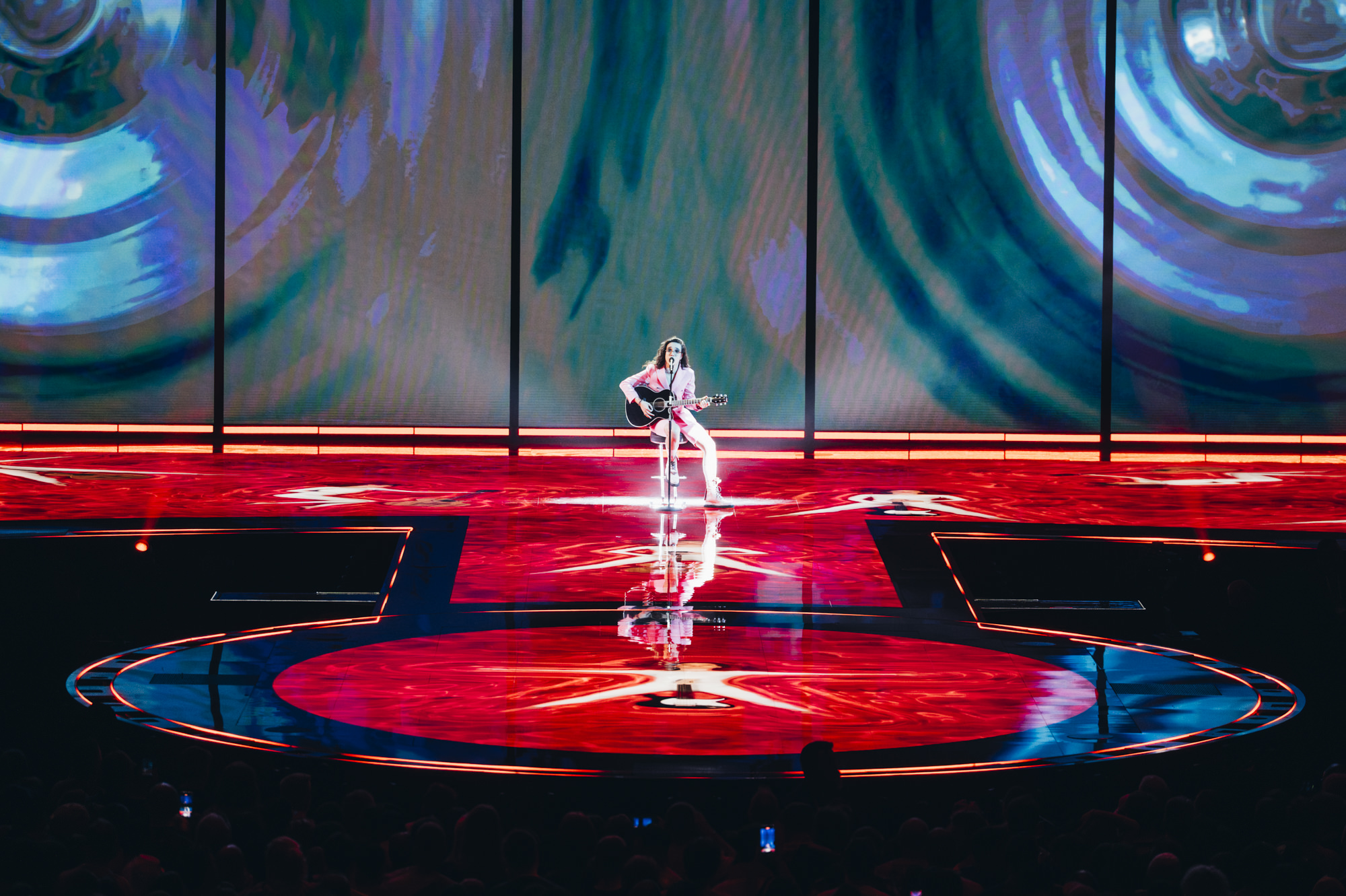 Theodor Andrei performing 'D.G.T. (Off and On)' for Romania at the Eurovision Second Semi-Final at Liverpool Arena