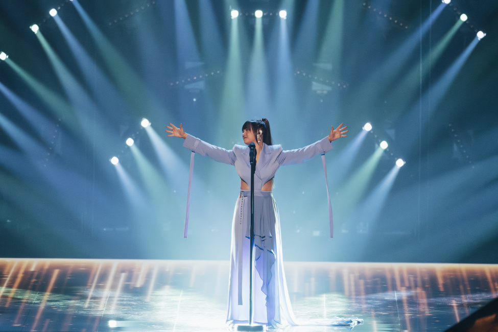 Alika performing for Estonia at the 2023 Eurovision Song Contest in Liverpool, England.