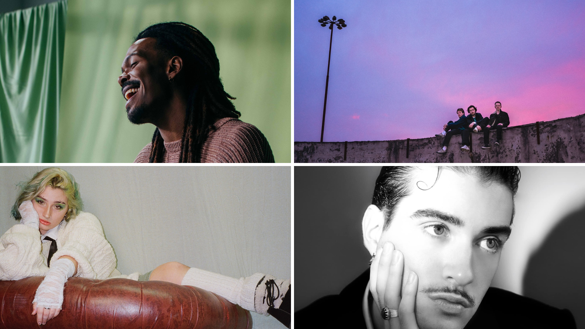 A collage of four photos. Going clockwise from top left: Jeangu Macrooy, The Valentines, CHAiLD, Pia Maria.