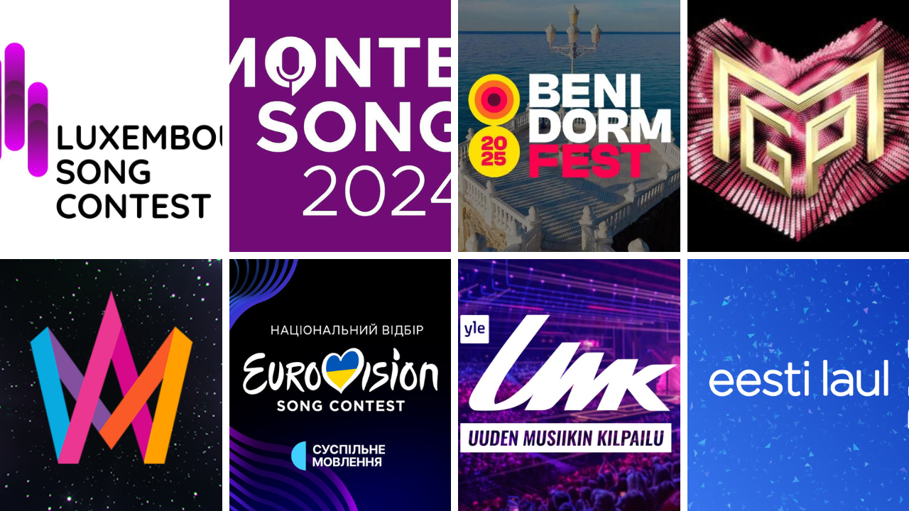 A collage of the logos for Luxembourg song contest, Montesong 2024, Benidorm Fest 2024, MGP, Melodifestivalen, Vidbir, UMK and eesti Laul