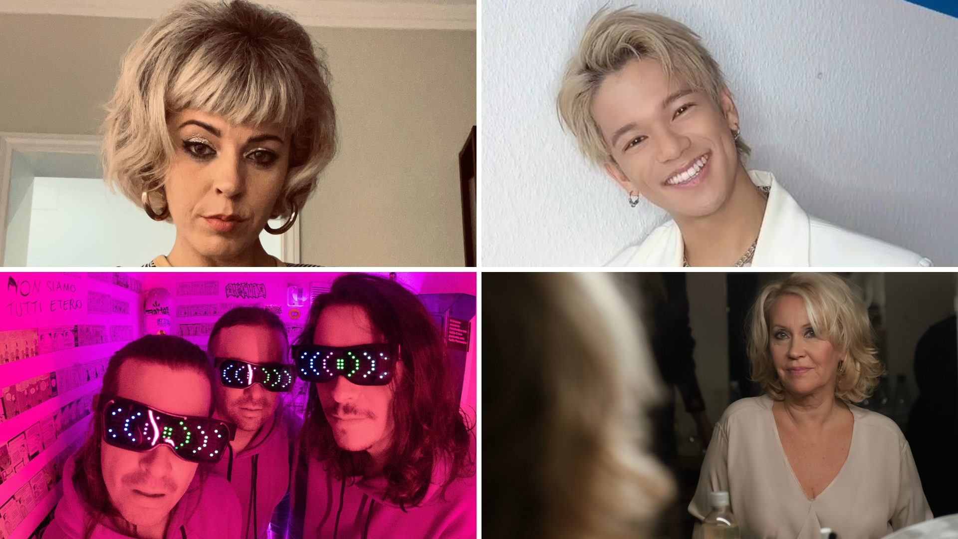 A collage of four photos. Starting from the top-left, going clockwise: Mimicat, Trong, Agnetha Fältskog, and Sinplus.