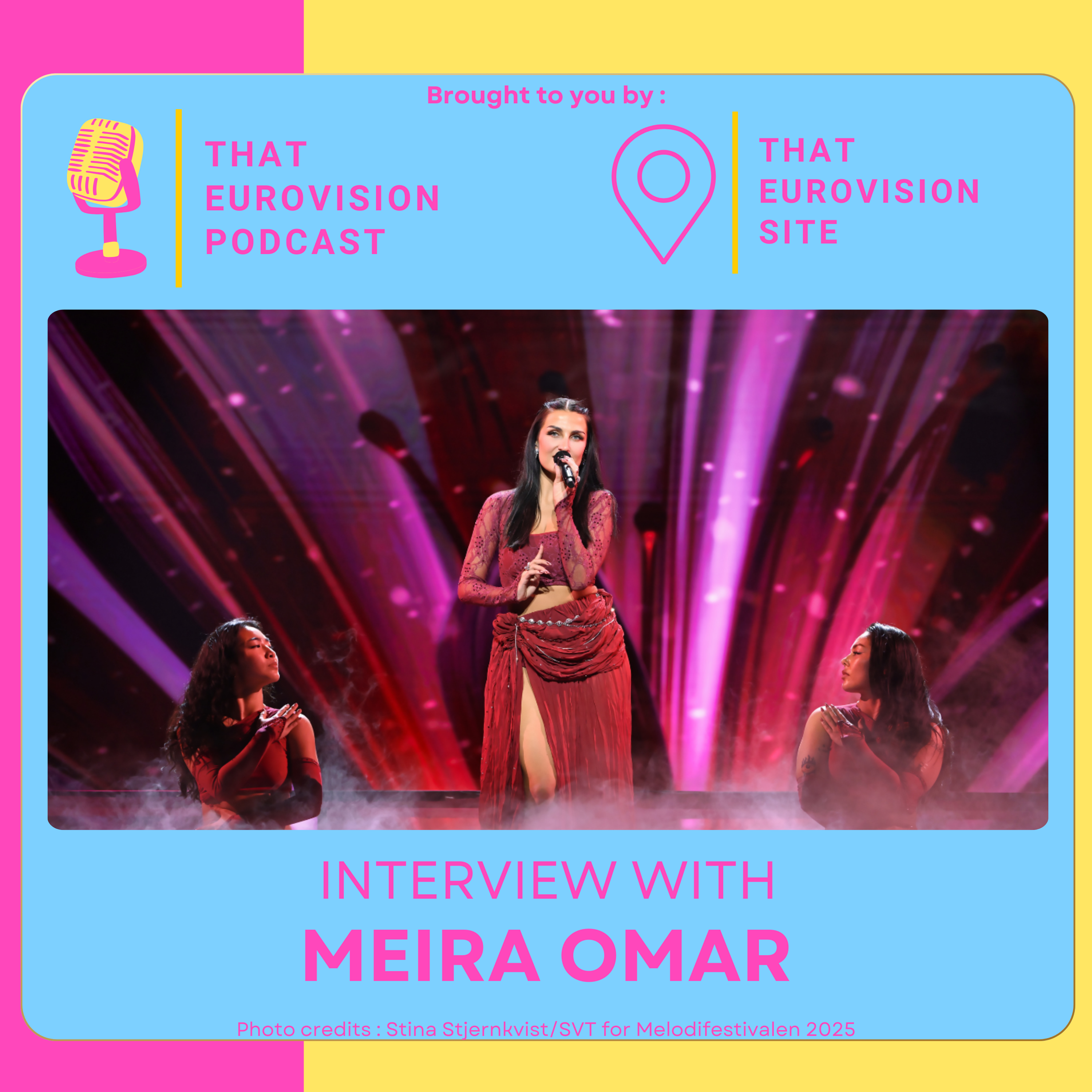 Podcast art with Meira Omar performing at Melfest 2025. Photo credit: Stina Stjernkvist/SVT