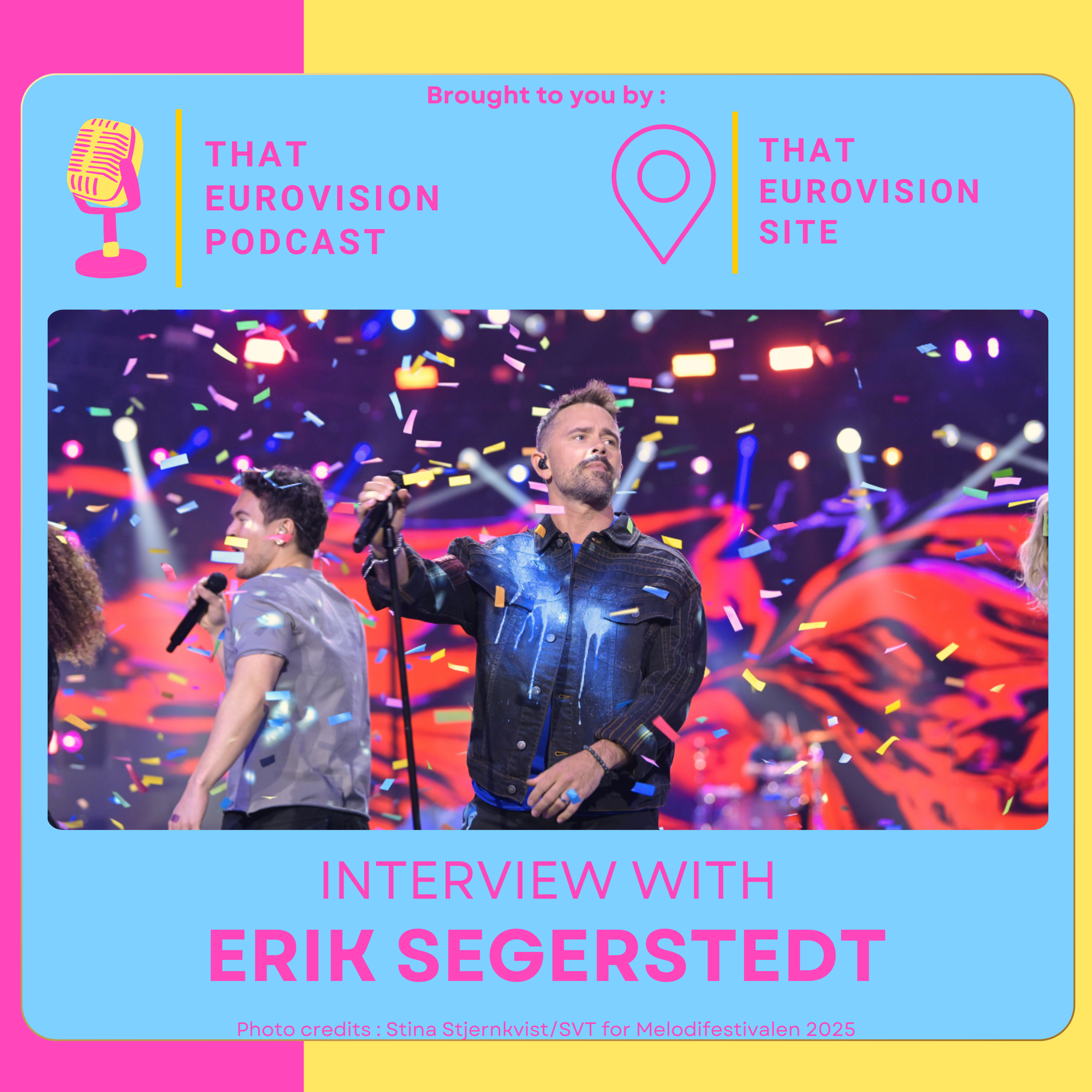 Podcast art with Erik Segerstedt performing at Melfest 2025. Photo credit: Stina Stjernkvist/SVT