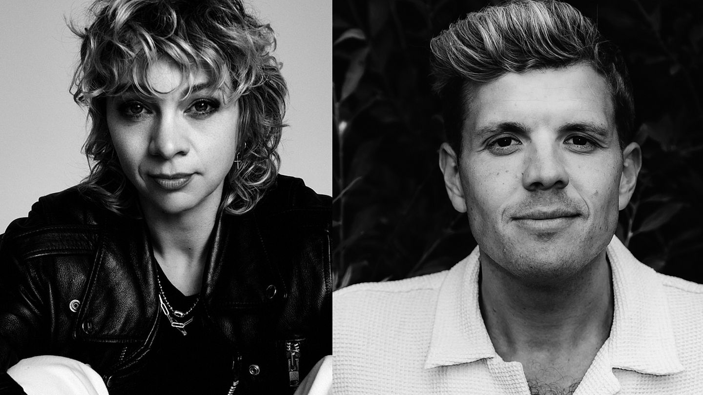A black and white image with Jacqueline Govaert on the left and Jaap Reesema on the right