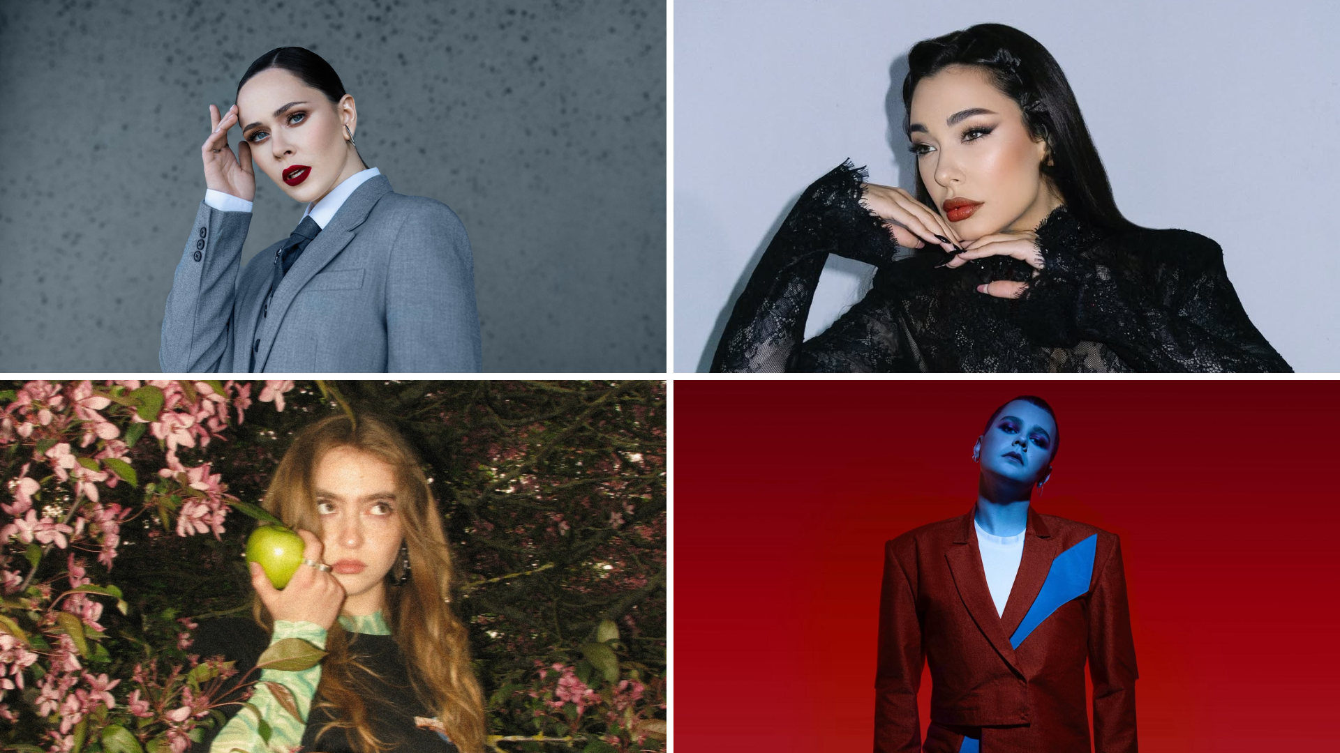 A collage of four photos, each showing the artist from the chest up. Going clockwise, starting top left: Julia Sanina of The Hardkiss, Sanja Vučić, Red Sebastian, Elisabeth Tiffany.