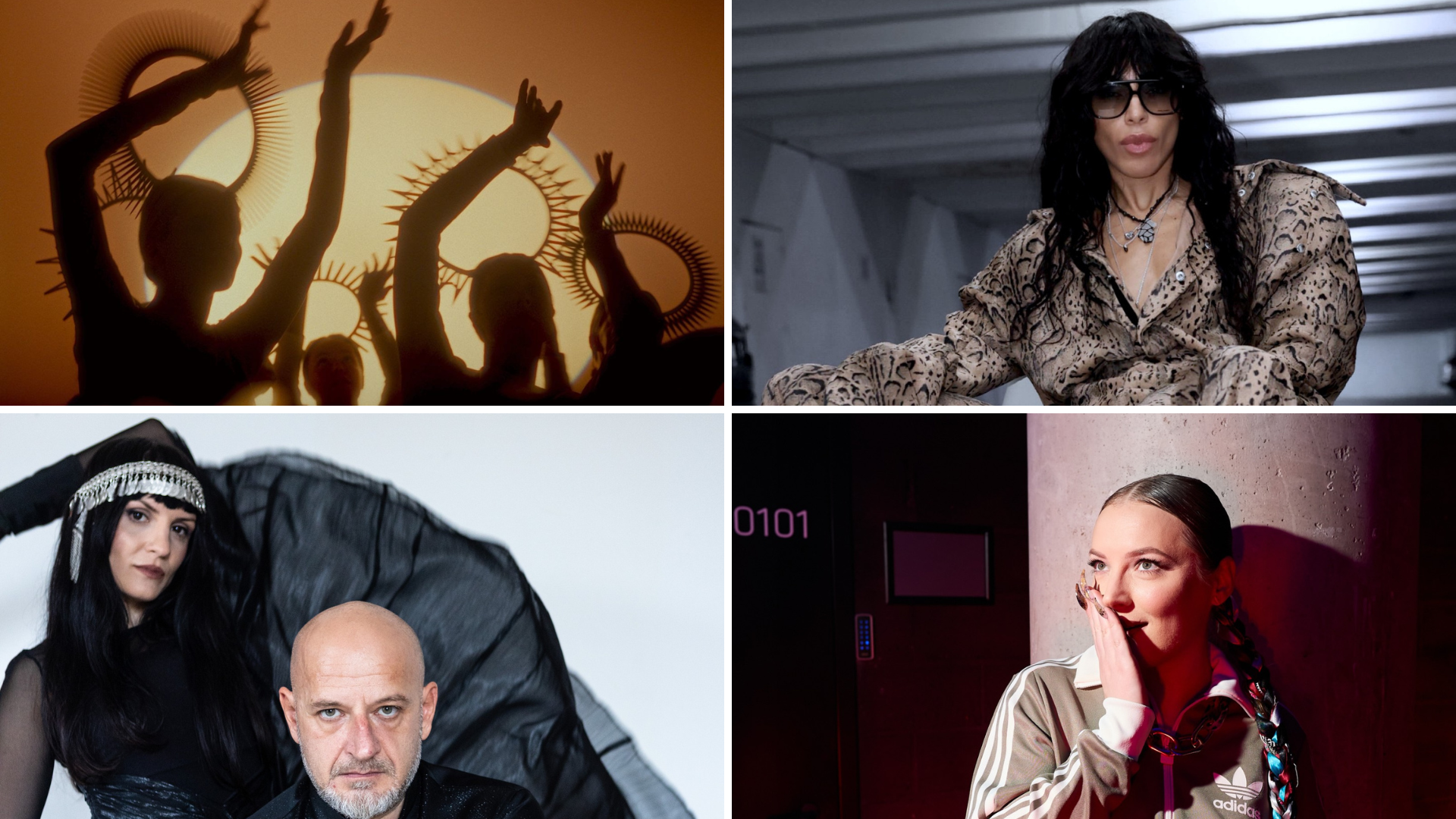 A collage of four photos. Going clockwise, starting top left: The silhouettes of four members of Tautumeitas in front of a glowing yellow orb resembling the sun while wearing crowns resembling rays of light. Loreen sitting down wearing a leopard print jacket. Petunija in a hoodie covering her mouth looking at something in awe. Shkodra Elektronike dressed in all black looking straight at the camera.