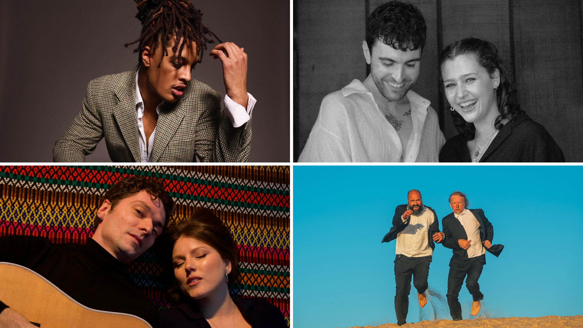 A collage of four photos. Going clockwise, starting top left: Isaac Sene kneeling in a suit, Duncan Laurence and Karin Ann in a monochrome photo standing side by side, Puuluup running barefoot over a dune, and Naviband playing music while laying on the floor