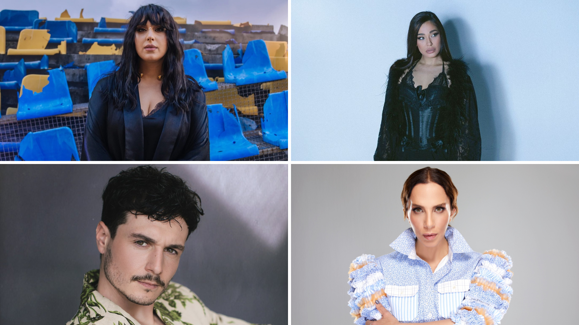 A collage of four photos. Going clockwise, starting top left: Jamala, Sanja Vučić, Sertab Erener, and Miki Núñez.