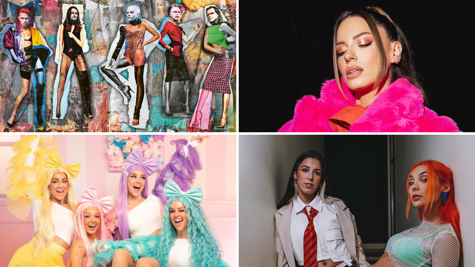 A collage of four musical acts. Clockwise, starting top left: Lord of the Lost, Sara Jo, INÊS APENAS and Cláudia Pascoal, and Dolly Style.