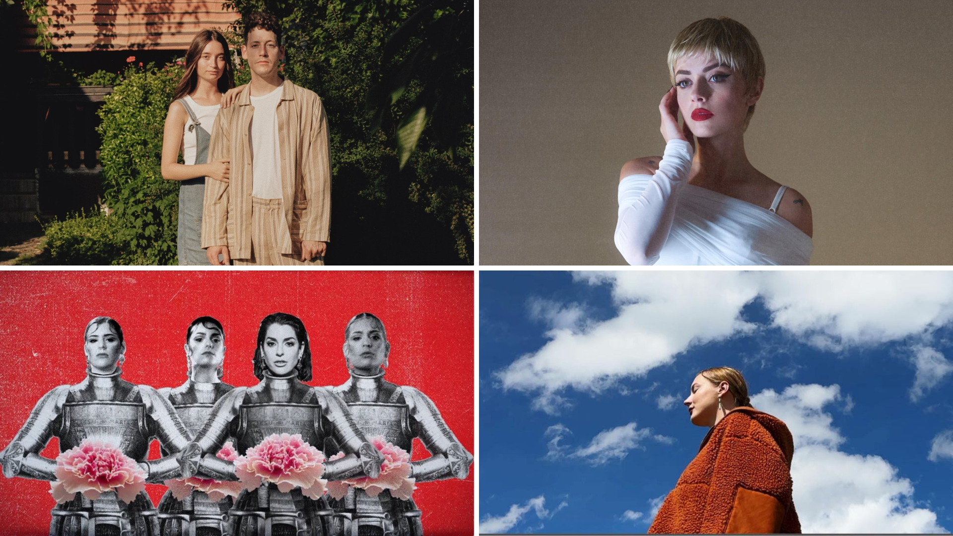 A collage of four photos. Clockwise, starting from the top left: The duo zalagasper standing in a garden, Annalisa standing in a beige room, Petunija seen from a low angle with a slightly cloudy sky, and finally Ruth Lorenzo and Tanxugeiras dressed as knights.