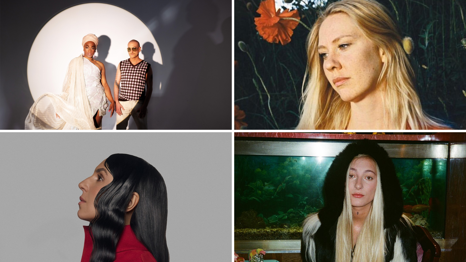 A collage of four photos. Clockwise, from top left: Electric Fields, Clara Klingenström, S10, Jamala.