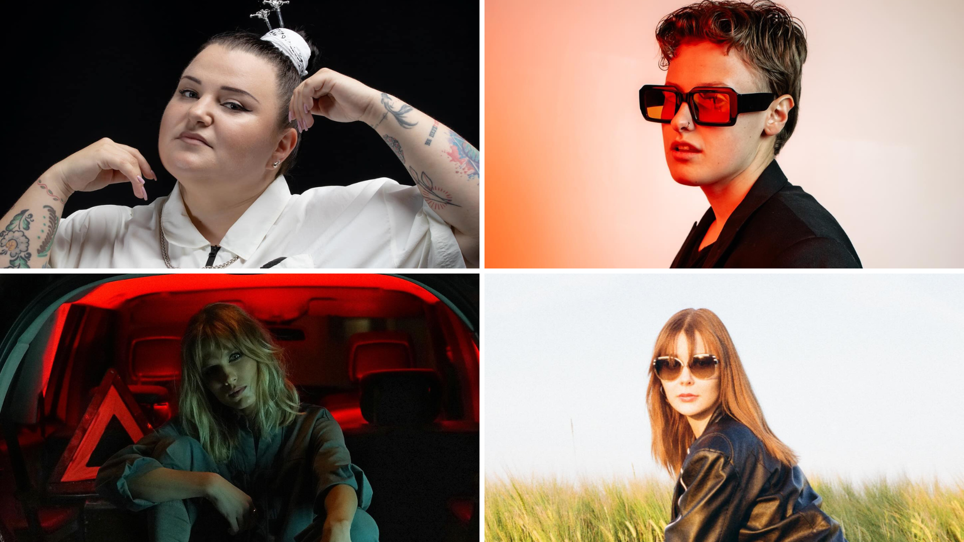 A collage of four photos. Going clockwise, starting top left: alyona alyona, Inger, Emmelie de Forest, Nevena Božović.