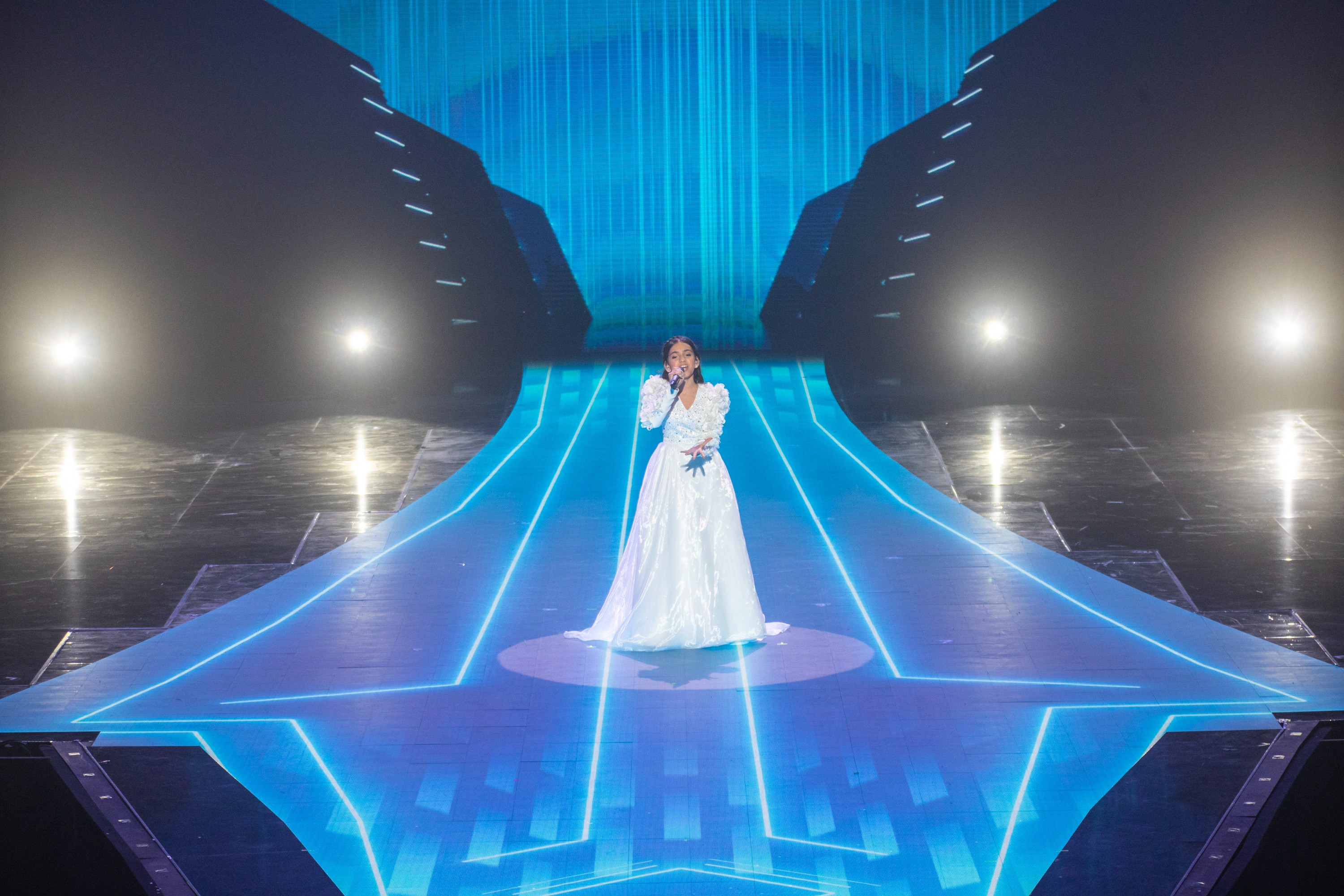 Azerbaijan's Sona Azizova performing at Junior Eurovision 2021