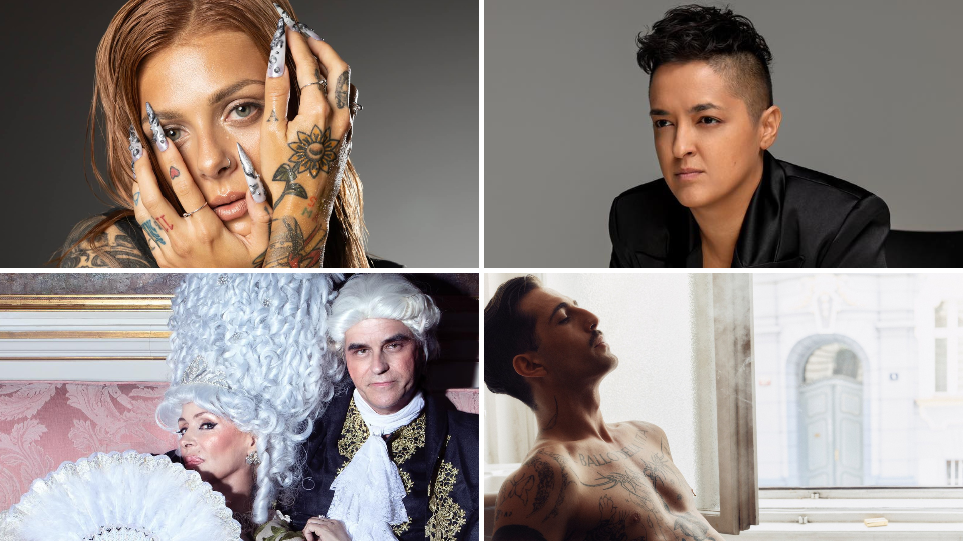A collage of four photos. Going clockwise, starting top left: VICTORIA, Marija Šerifović, Damiano David, Nebulossa. Collage by That Eurovision Site.