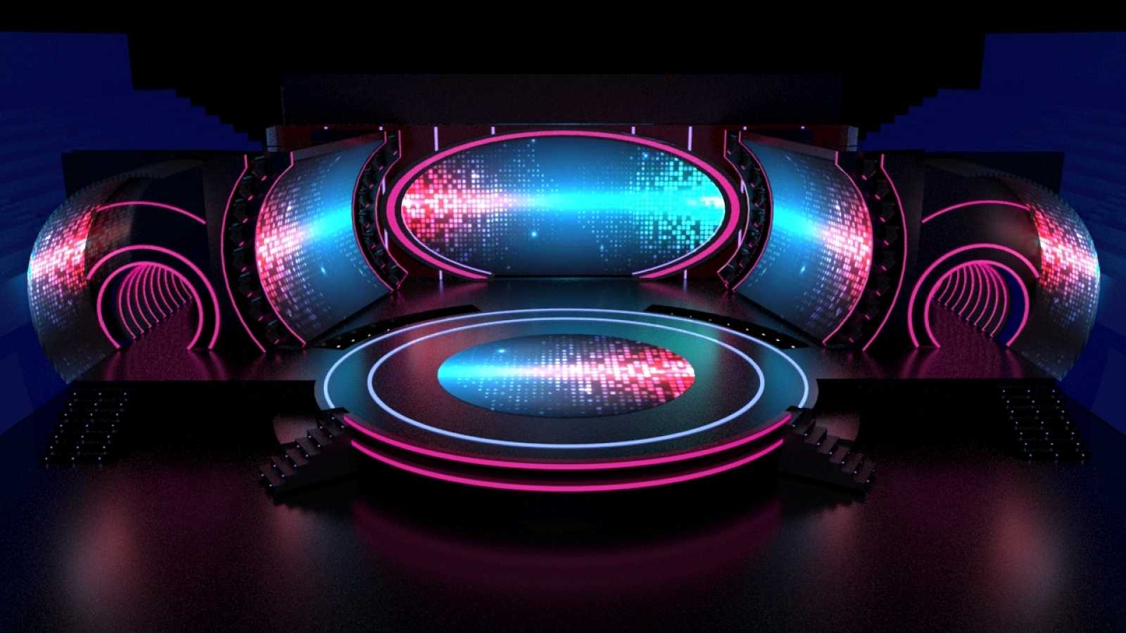 A rendering of the Benidorm Fest 2024 stage. The floor is a large circle with a LED screen inside it. Two curved LED screen walls are flanked by two tunnels. The back of the stage features a large, oval LED screen. Photo Credit: RTVE