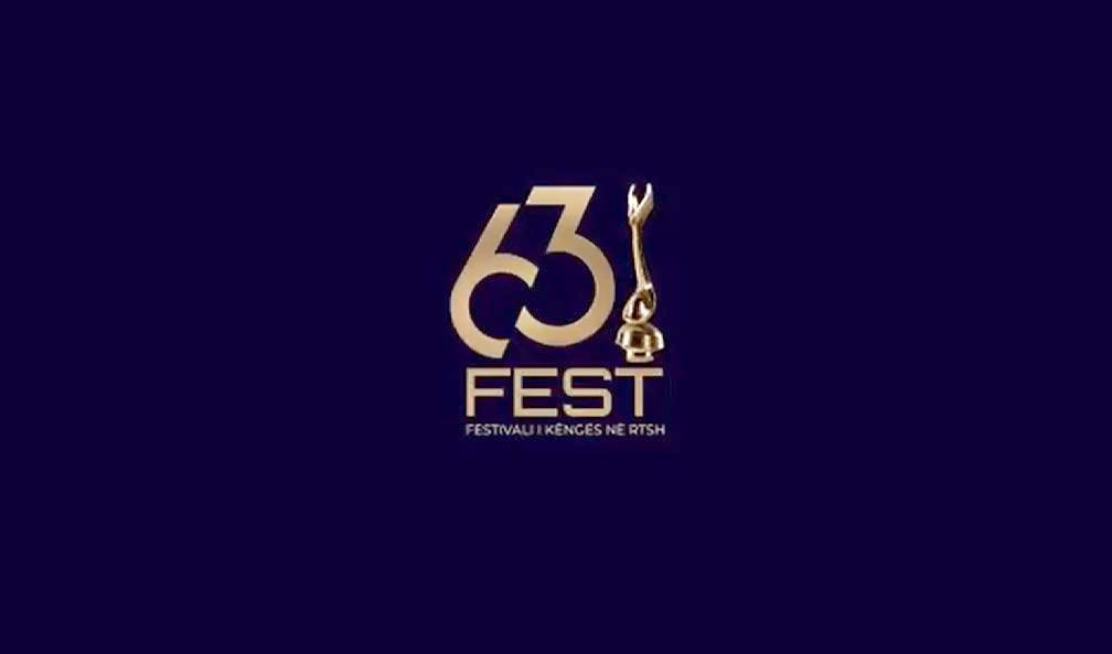 The logo of Festivali i Këngës 63. The logo says "63 FEST Festivali i Këngës në RTSH" in gold lettering with the trophy next to it. Credit: RTSH